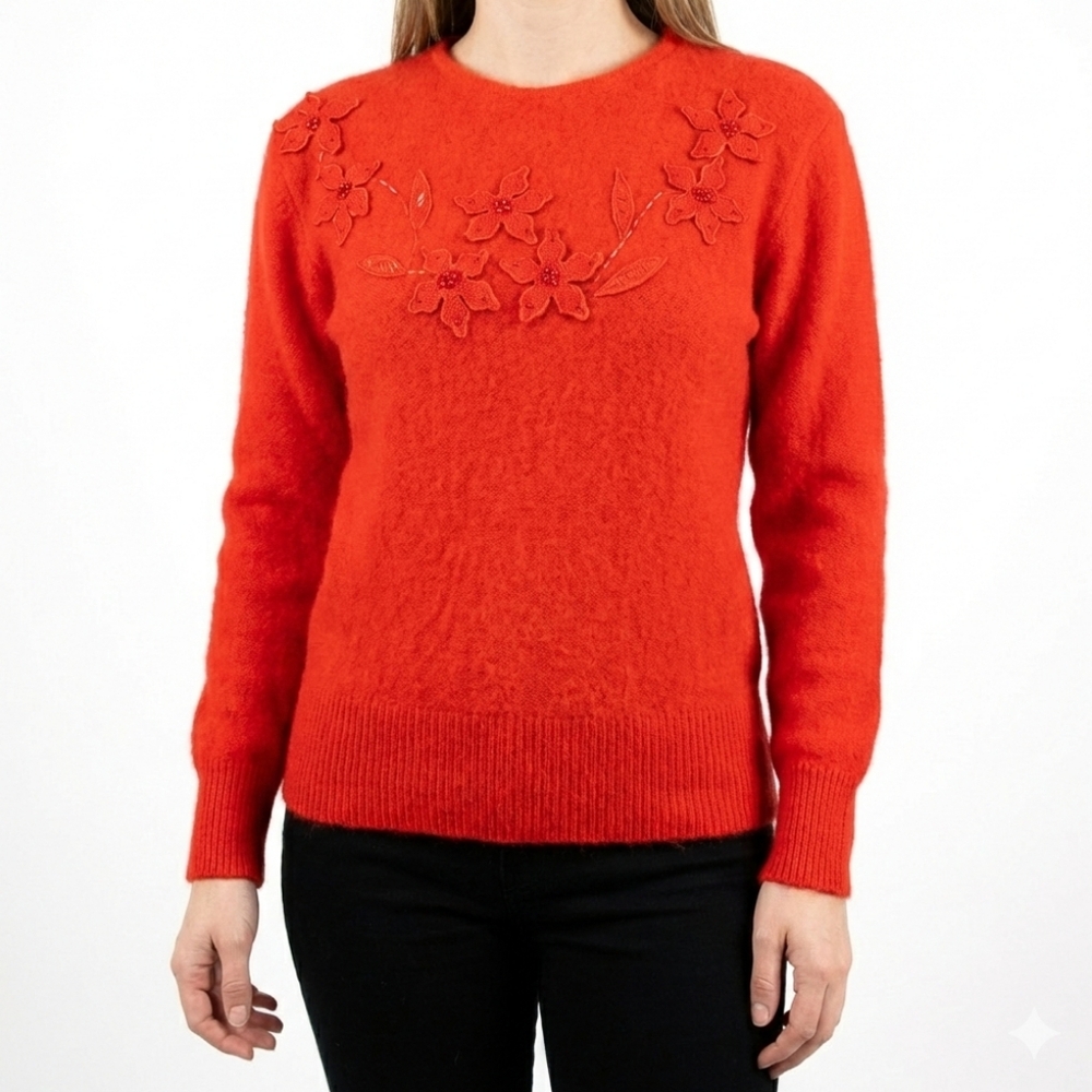 Vintage 80s Angora Blend Sweater - Women's Size M - Red Floral 3D Applique Cozy